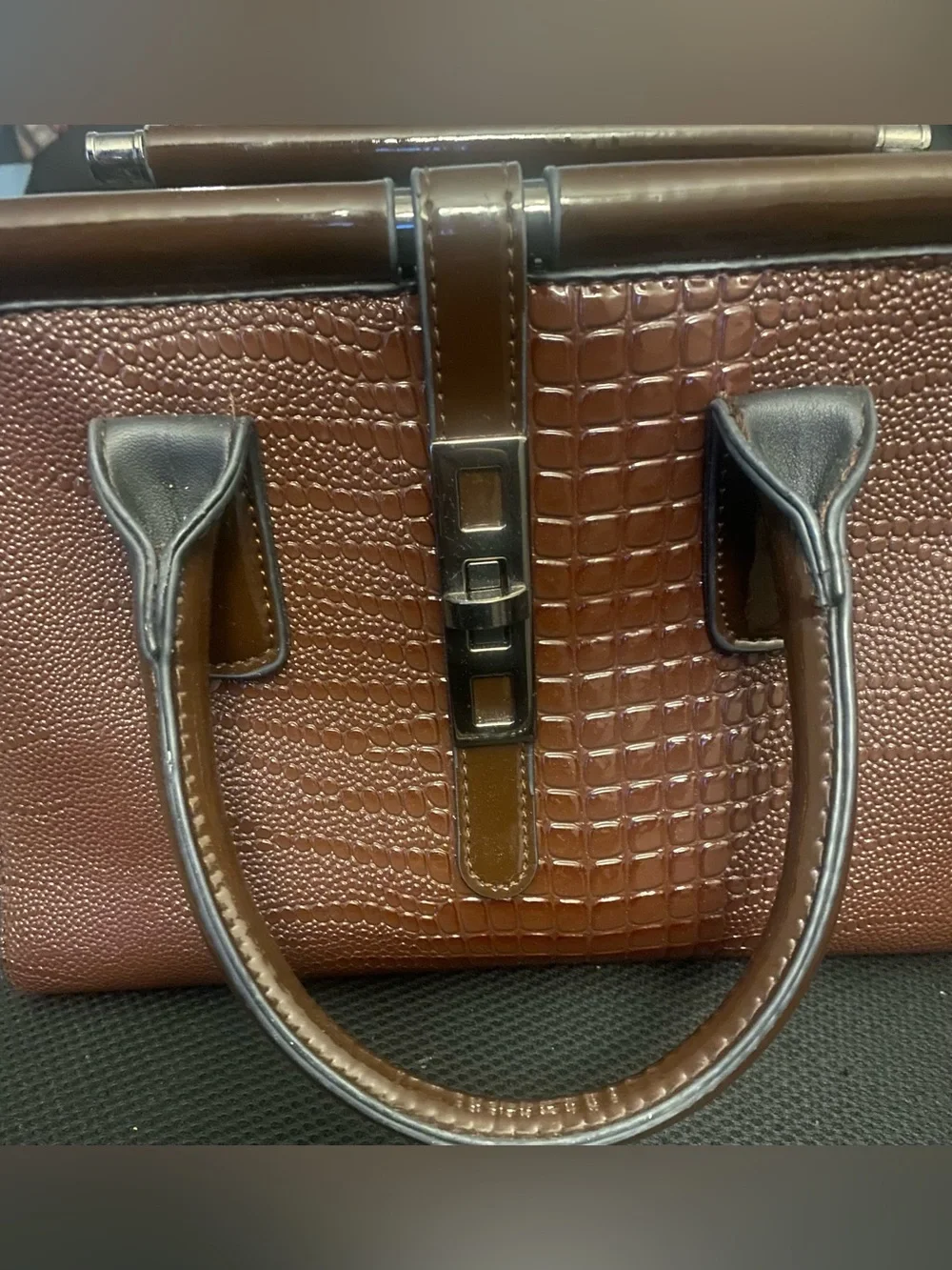 Brown Croc-Embossed Structured Satchel - Unbranded